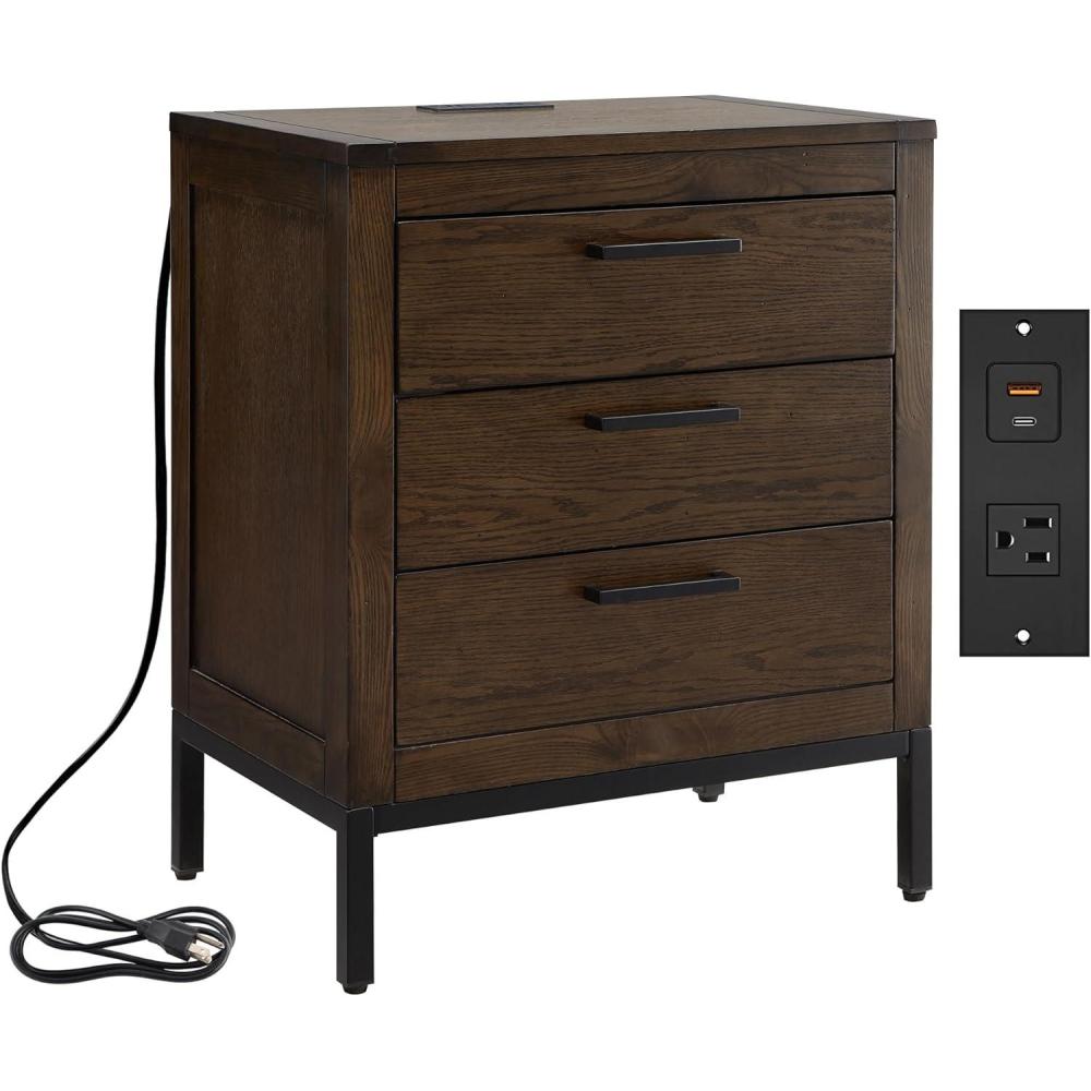 image:imageSalem Solid Wood Nightstand with Drawer and Shelf Medium Oak Brown Perfect for Bedrooms Living Rooms and Small Spaces Leick Home 9067MEDDistressed Riverstone