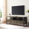 Leick Home 82360 Solid Wood Mission Oak Four Door TV Stand For 65″ TVs Universal TV Console Living Room Storage Shelves Entertainment Center, Mission Oak(Smoke Gray / Gunmetal)