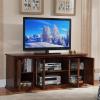Leick Home 82360 Solid Wood Mission Oak Four Door TV Stand For 65″ TVs Universal TV Console Living Room Storage Shelves Entertainment Center, Mission Oak(Burnished Oak / Black)
