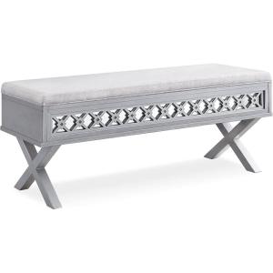 Leick Home 10142-SV Mirrored Diamond Filigree X Base Lift Top Bench with Storage for Bedroom or Foyer, Silver Leaf