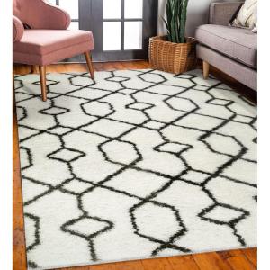 Leick Home 594465 Rixelle Soft Shag Geo Modern Rug Ivory/Charcoal Living Room Bedroom Area Rug Rectangle 3’9″ x 5’9″(7’10” x 10′ (Rectangular))