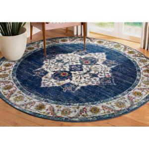 Leick Home 596106 Oryn Vintage Multicolor Medallion Boho Chic Living Room Bedroom Area Rug 5’3″ Round(Navy/Tan)