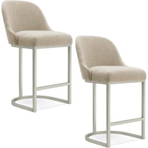 Leick Home Double Crossback Upholstered Counter Stool with Backrest, for Kitchen or Dining Area, Gray and Moss Green, 2 Pack, 10084GS/MH(Oatmeal Linen)