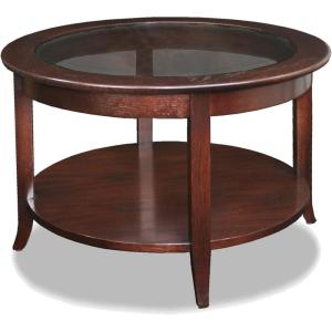 Leick Home Sheldon Coffee Table, Solid Wood, Round, with Glass Top and Shelf, Chocolate Oak, 10037(Chocolate Oak)