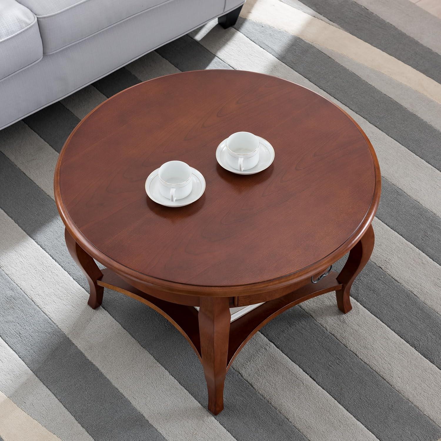 image:imageLeick Home 10034BR One Drawer Round Coffee Table with Shelf Brown Cherry