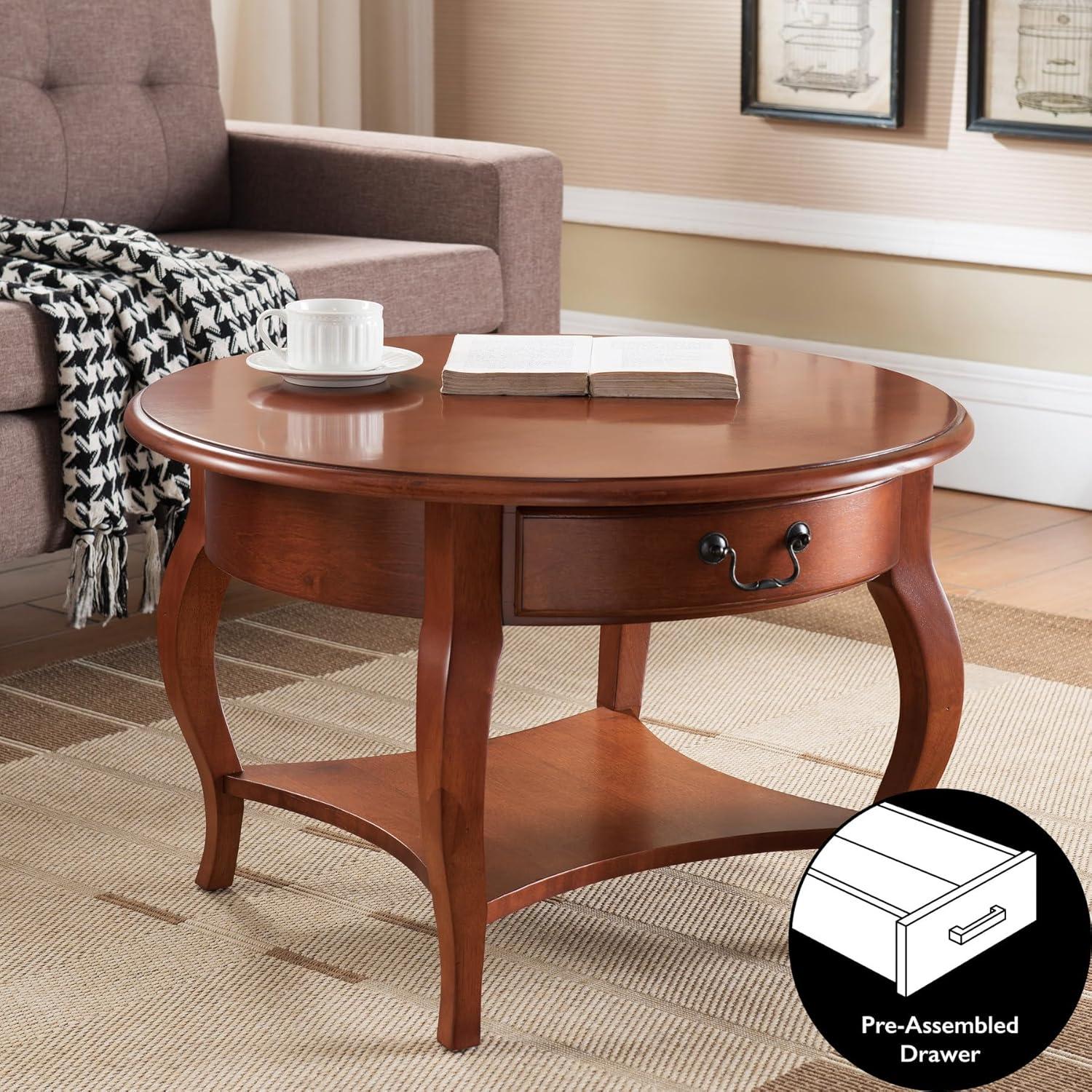 image:imageLeick Home 10034BR One Drawer Round Coffee Table with Shelf Brown Cherry