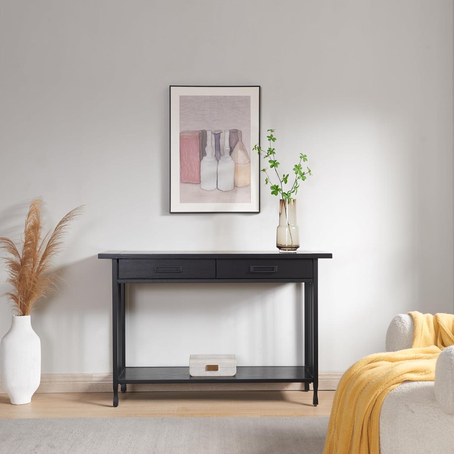 image:imageLeick Home 11233 Ironcraft Rustic Two Drawer Hall Console Sofa Table with Shelf Mission Oak and Black MetalBlack Wash
