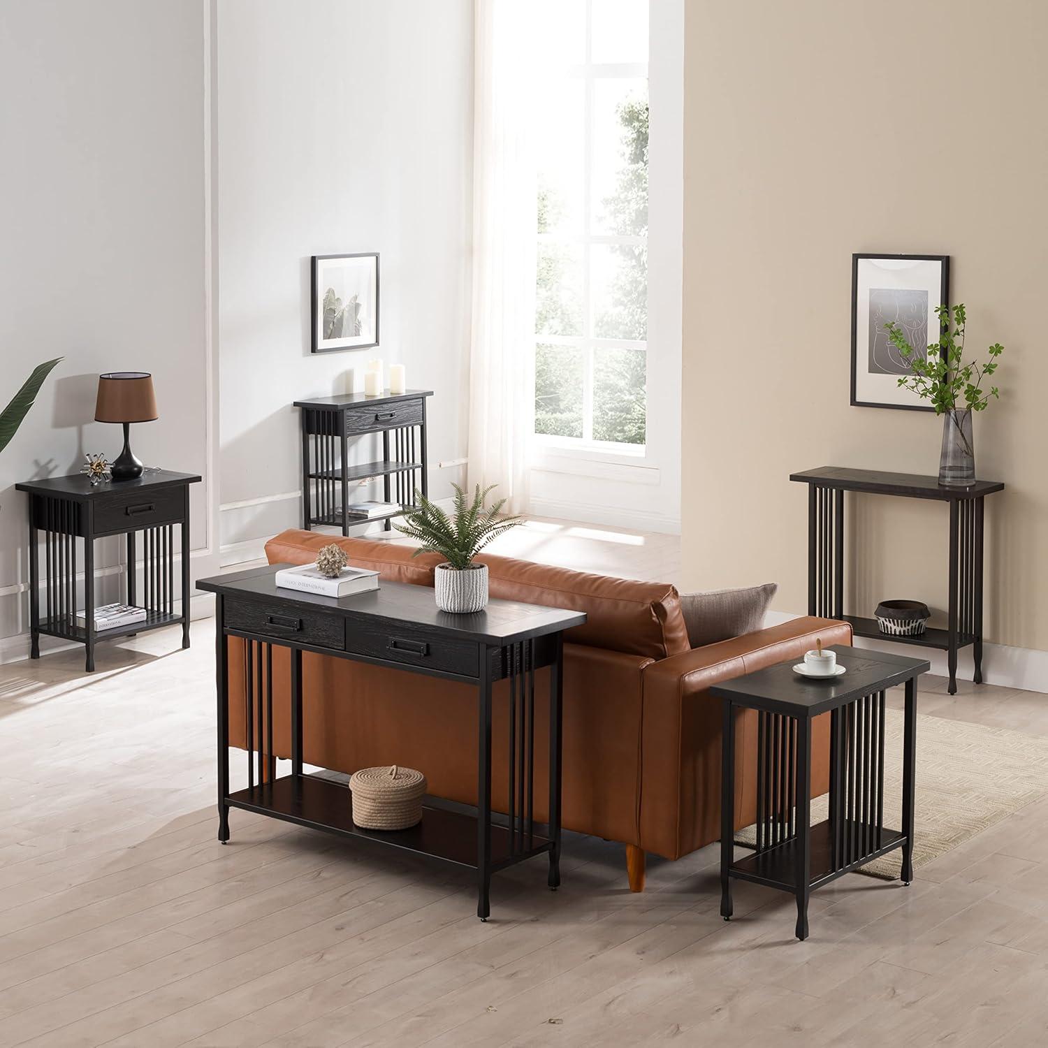 image:imageLeick Home 11233 Ironcraft Rustic Two Drawer Hall Console Sofa Table with Shelf Mission Oak and Black MetalBlack Wash