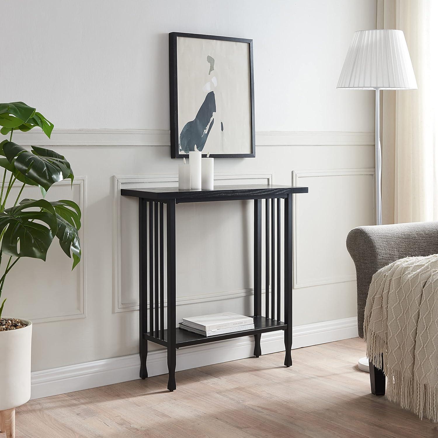 image:imageLeick Home 11233 Ironcraft Rustic Two Drawer Hall Console Sofa Table with Shelf Mission Oak and Black MetalBlack Wash