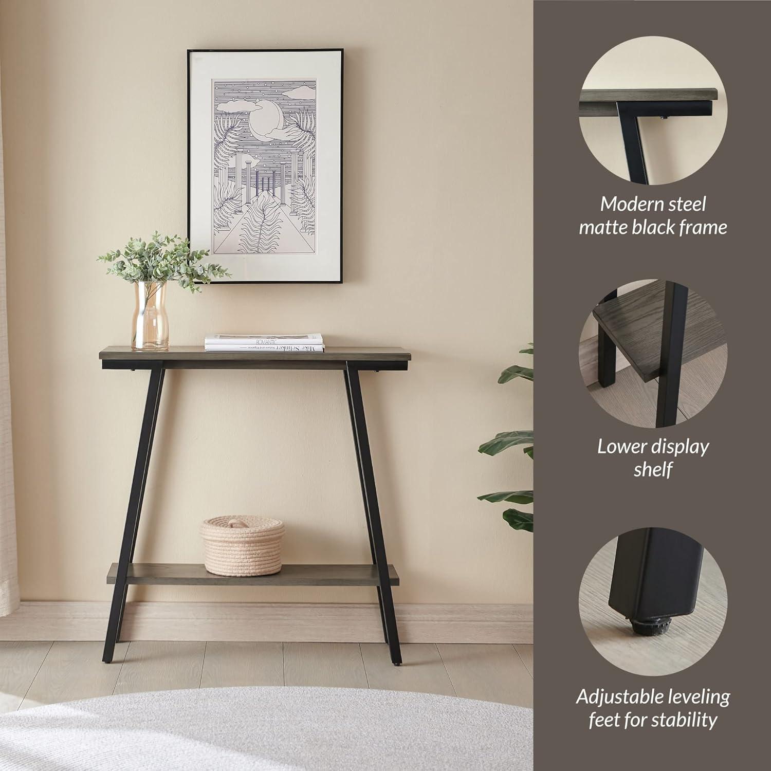 image:imageLeick Home 11233 Ironcraft Rustic Two Drawer Hall Console Sofa Table with Shelf Mission Oak and Black MetalGrey