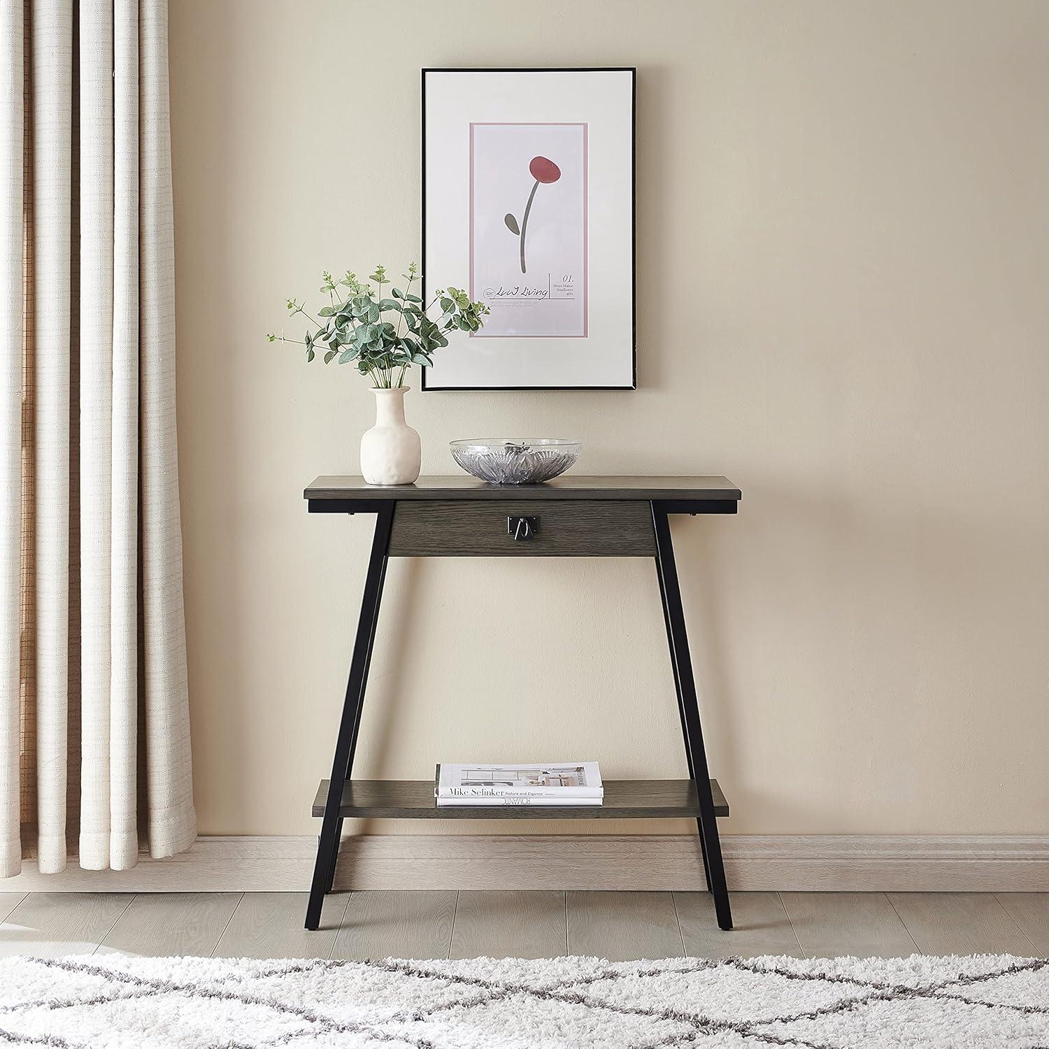image:imageLeick Home 11233 Ironcraft Rustic Two Drawer Hall Console Sofa Table with Shelf Mission Oak and Black MetalGrey