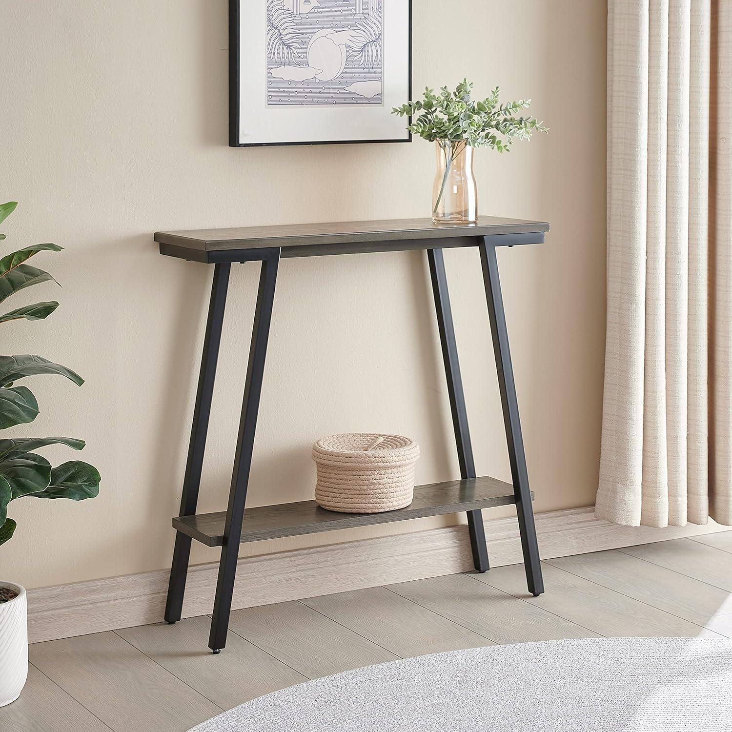 image:imageLeick Home 11233 Ironcraft Rustic Two Drawer Hall Console Sofa Table with Shelf Mission Oak and Black MetalGrey