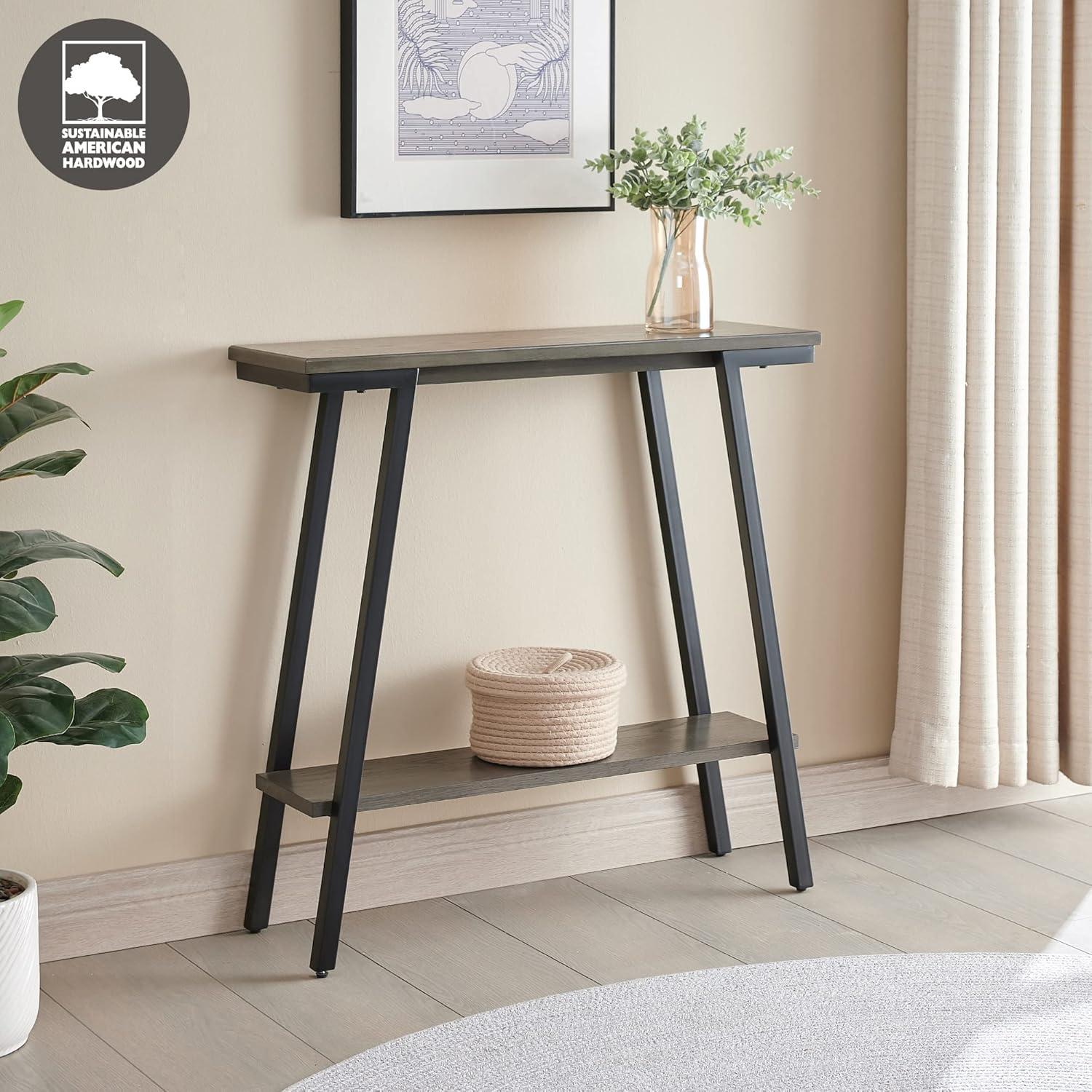 image:imageLeick Home 11233 Ironcraft Rustic Two Drawer Hall Console Sofa Table with Shelf Mission Oak and Black MetalGrey