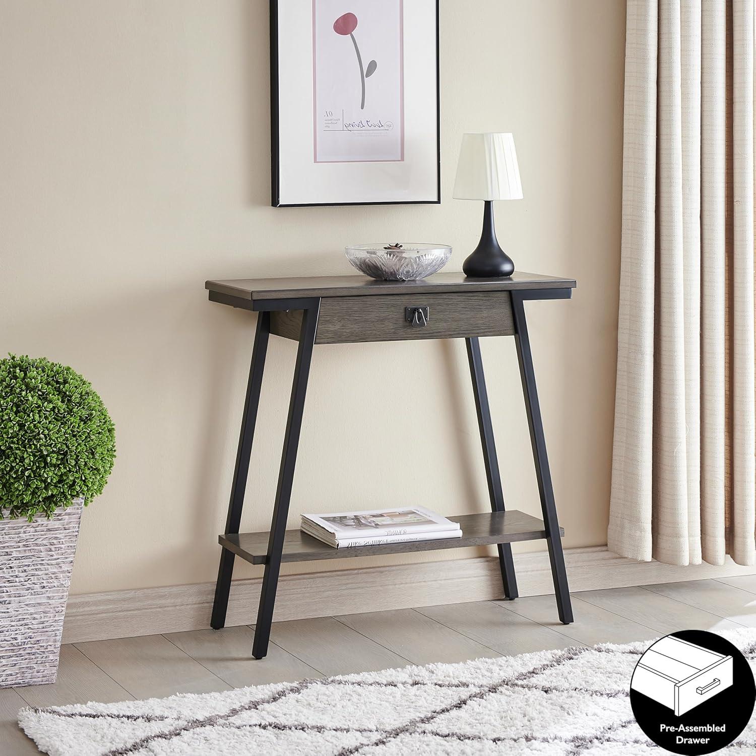 image:imageLeick Home 11233 Ironcraft Rustic Two Drawer Hall Console Sofa Table with Shelf Mission Oak and Black MetalGrey