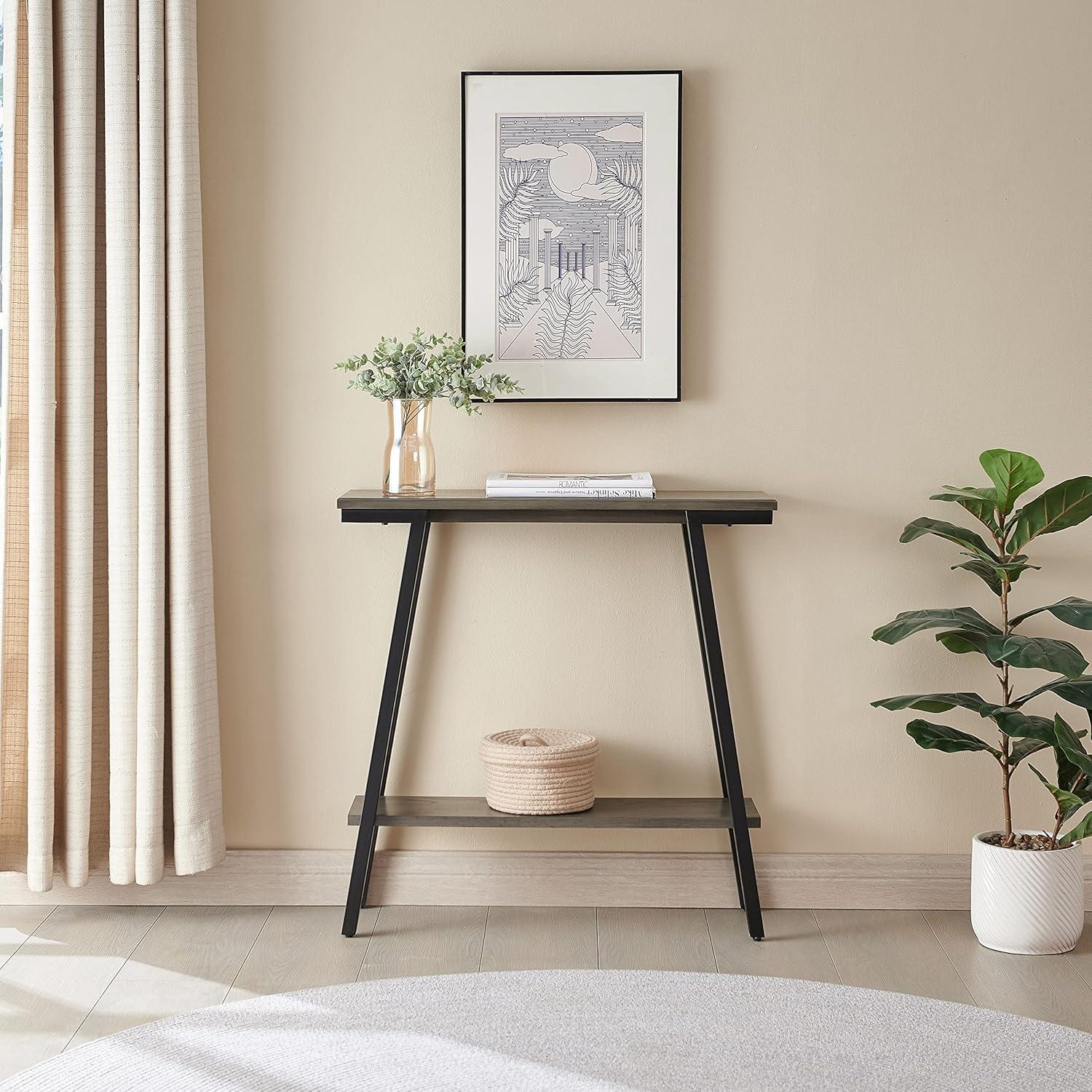 image:imageLeick Home 11233 Ironcraft Rustic Two Drawer Hall Console Sofa Table with Shelf Mission Oak and Black MetalGrey
