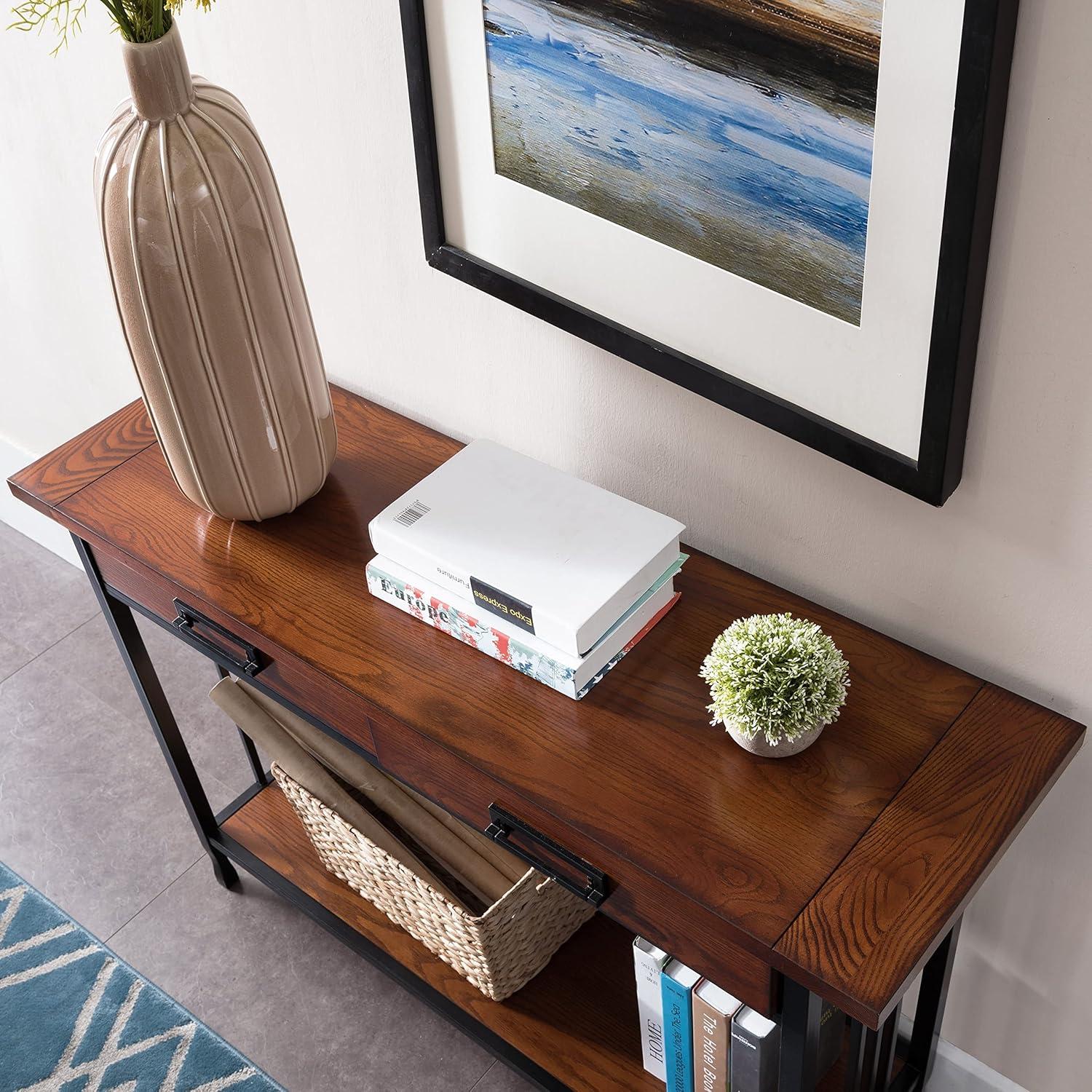 image:imageLeick Home 11233 Ironcraft Rustic Two Drawer Hall Console Sofa Table with Shelf Mission Oak and Black MetalMission Oak