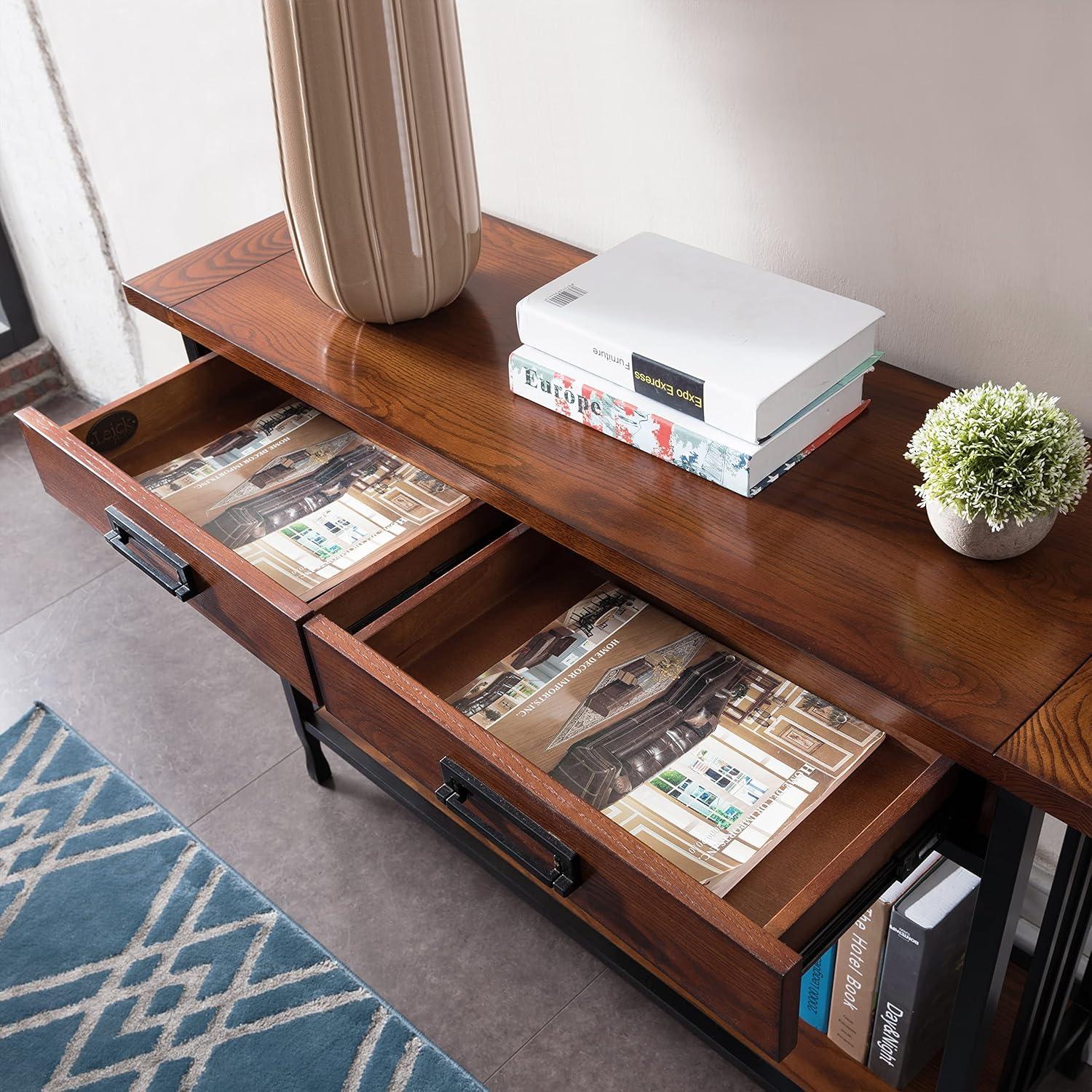 image:imageLeick Home 11233 Ironcraft Rustic Two Drawer Hall Console Sofa Table with Shelf Mission Oak and Black MetalMission Oak