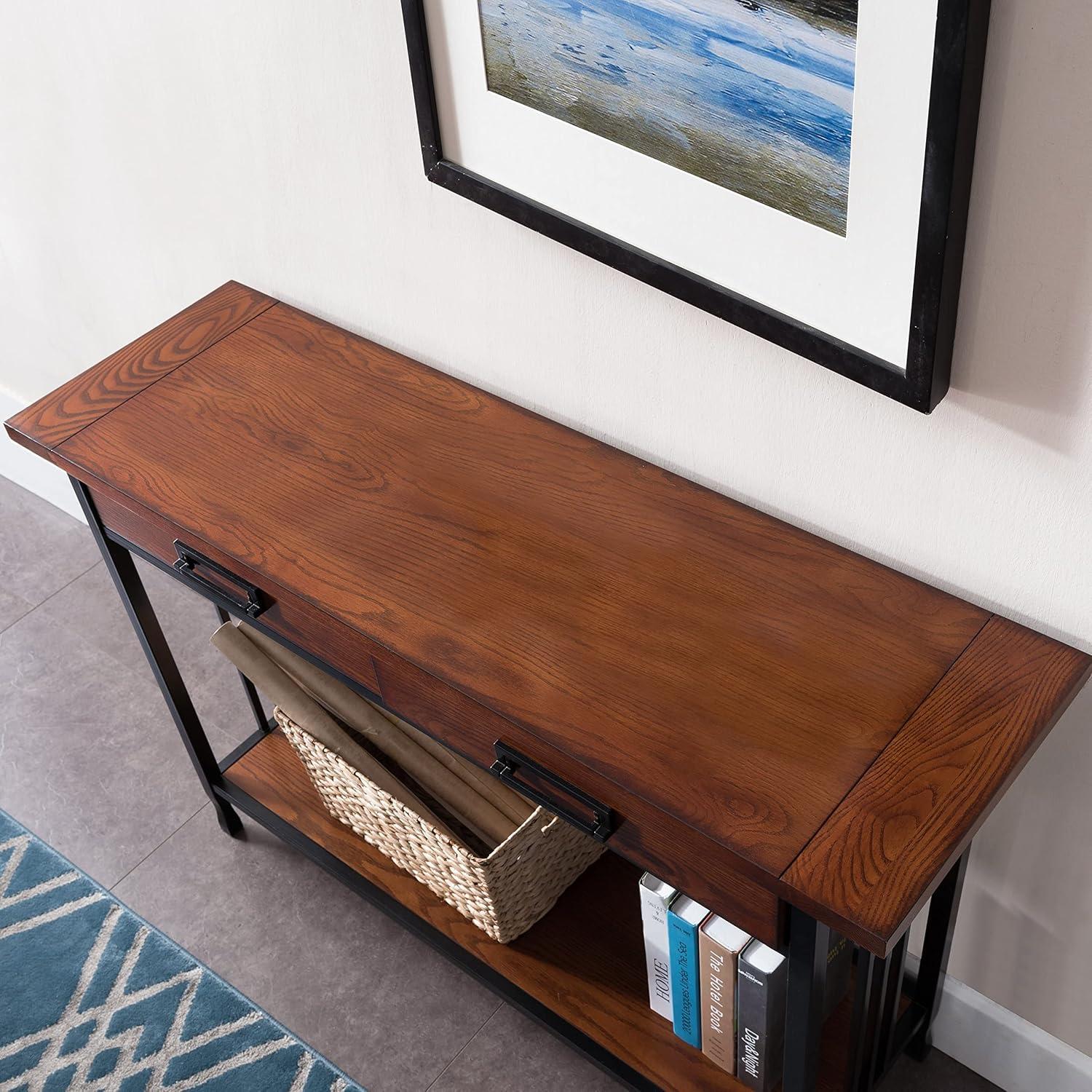 image:imageLeick Home 11233 Ironcraft Rustic Two Drawer Hall Console Sofa Table with Shelf Mission Oak and Black MetalMission Oak