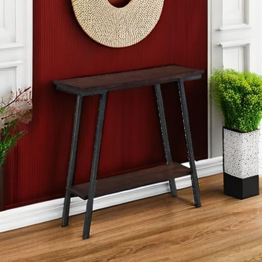 image:imageLeick Home 11233 Ironcraft Rustic Two Drawer Hall Console Sofa Table with Shelf Mission Oak and Black MetalWalnut
