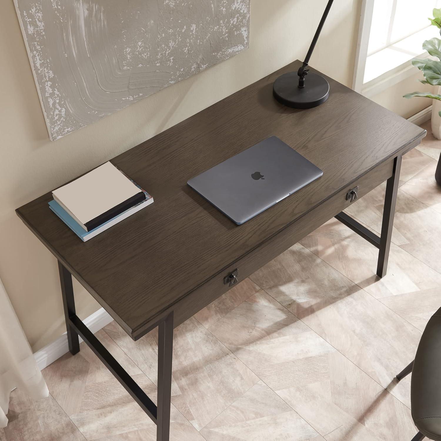 image:imageLeick Home 11400 Empiria Metal and Wood Laptop Computer Desk with Drop Front Keyboard Drawer Walnut and Foundry BronzeGrey