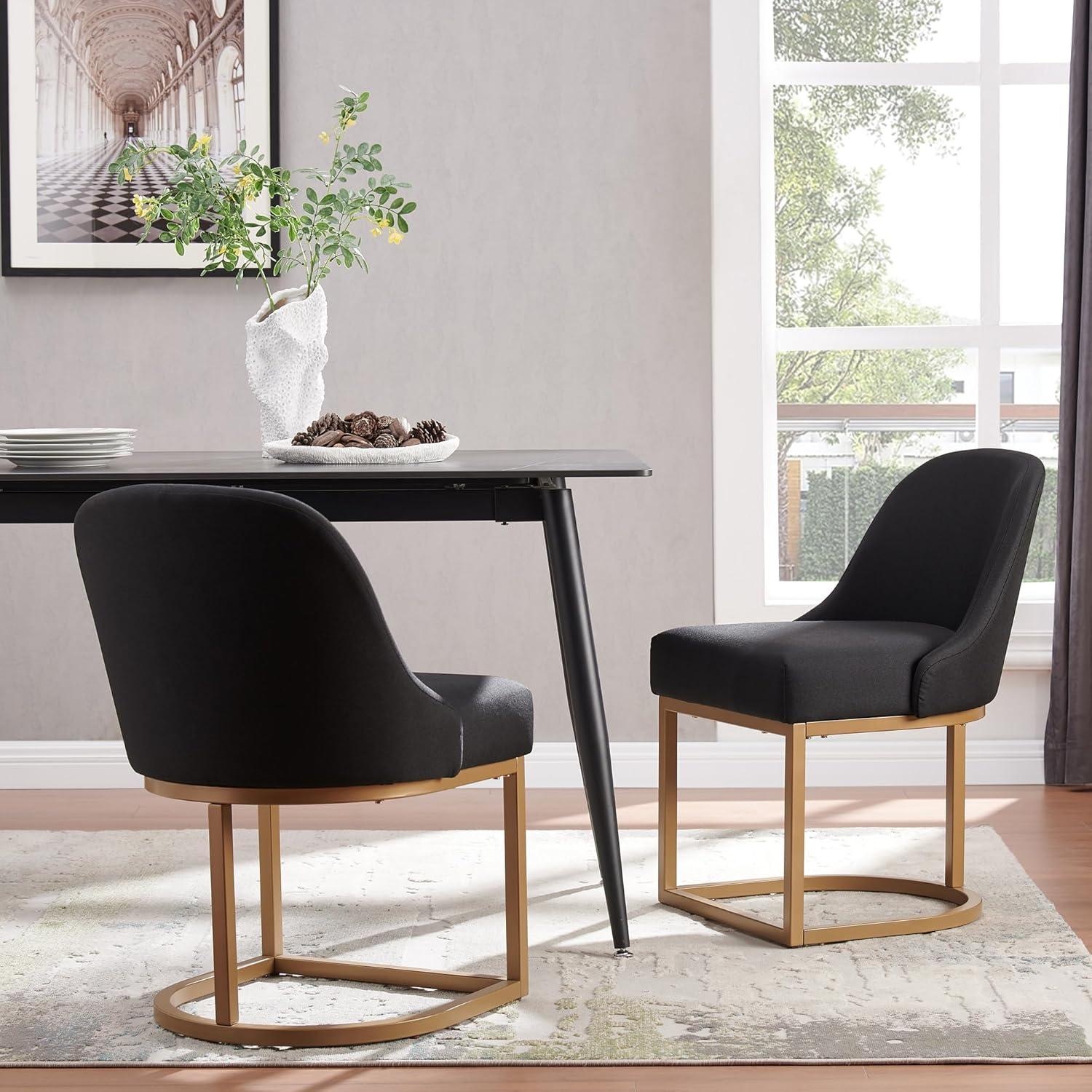 image:imageLeick Home 214536 Barrelback Dining Chair with Metal Base Set of 2 for Dining Room Modern Black Linen Seat and Gold Metal BaseBlack