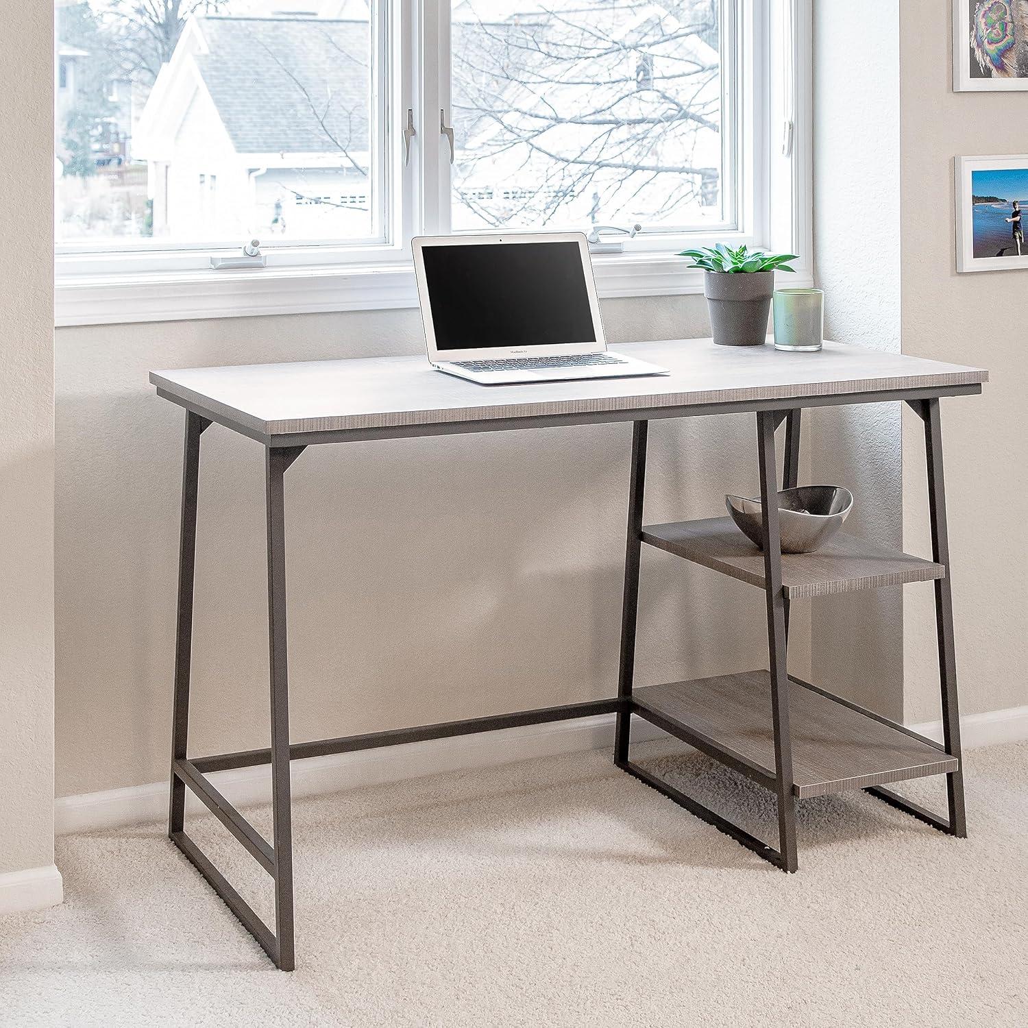 image:imageLeick Home 70003ROBLK Reversible Stepped Tier Shelf Desk Roughsawn OakGunmetal GrayRoughsawn OakGunmetal Gray