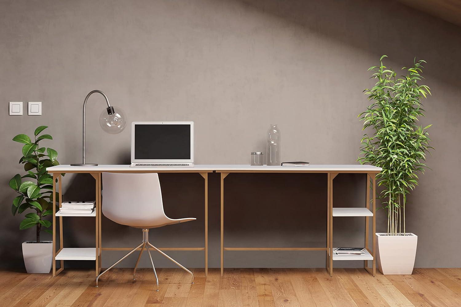 image:imageLeick Home 70003ROBLK Reversible Stepped Tier Shelf Desk Roughsawn OakGunmetal GrayWhite HerringboneGold