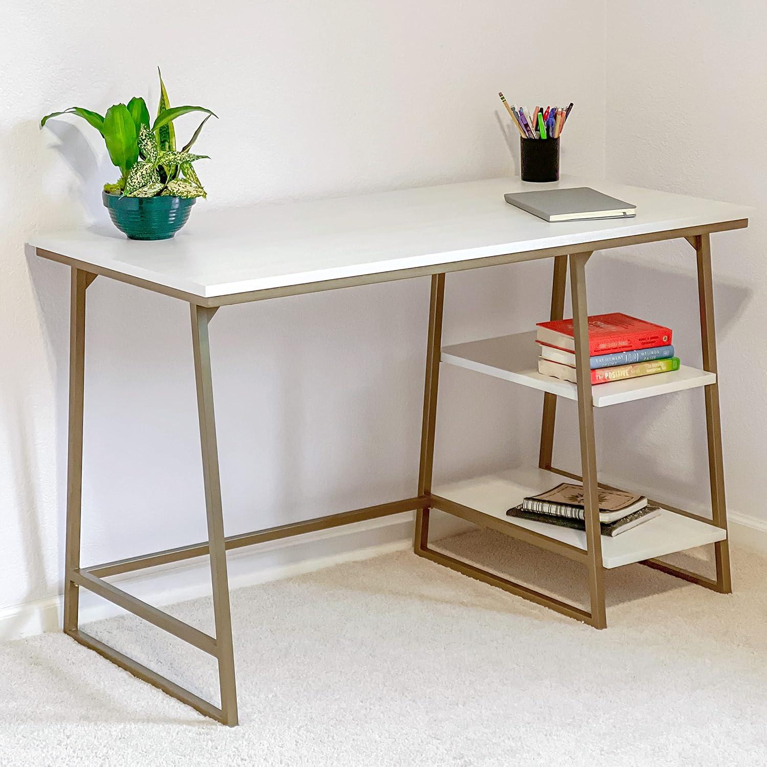 image:imageLeick Home 70003ROBLK Reversible Stepped Tier Shelf Desk Roughsawn OakGunmetal GrayWhite HerringboneGold