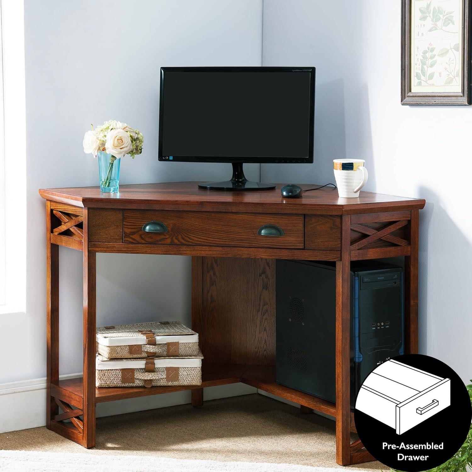 image:imageLeick Home 82430 Mission Corner Desk Writing Computer Desk with Drop Front Keyboard Drawer for Home Office Solid Wood Mission OakBurnished Oak