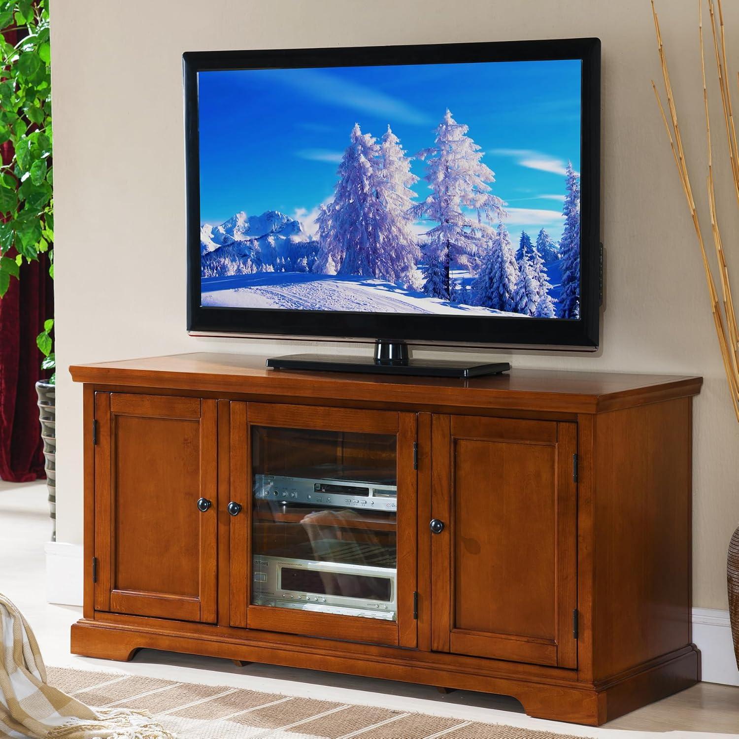 image:imageLeick Home 87350 Three Door TV Stand with Cabinet Storage for 55 TVs Westwood Brown CherryBrown Cherry Black