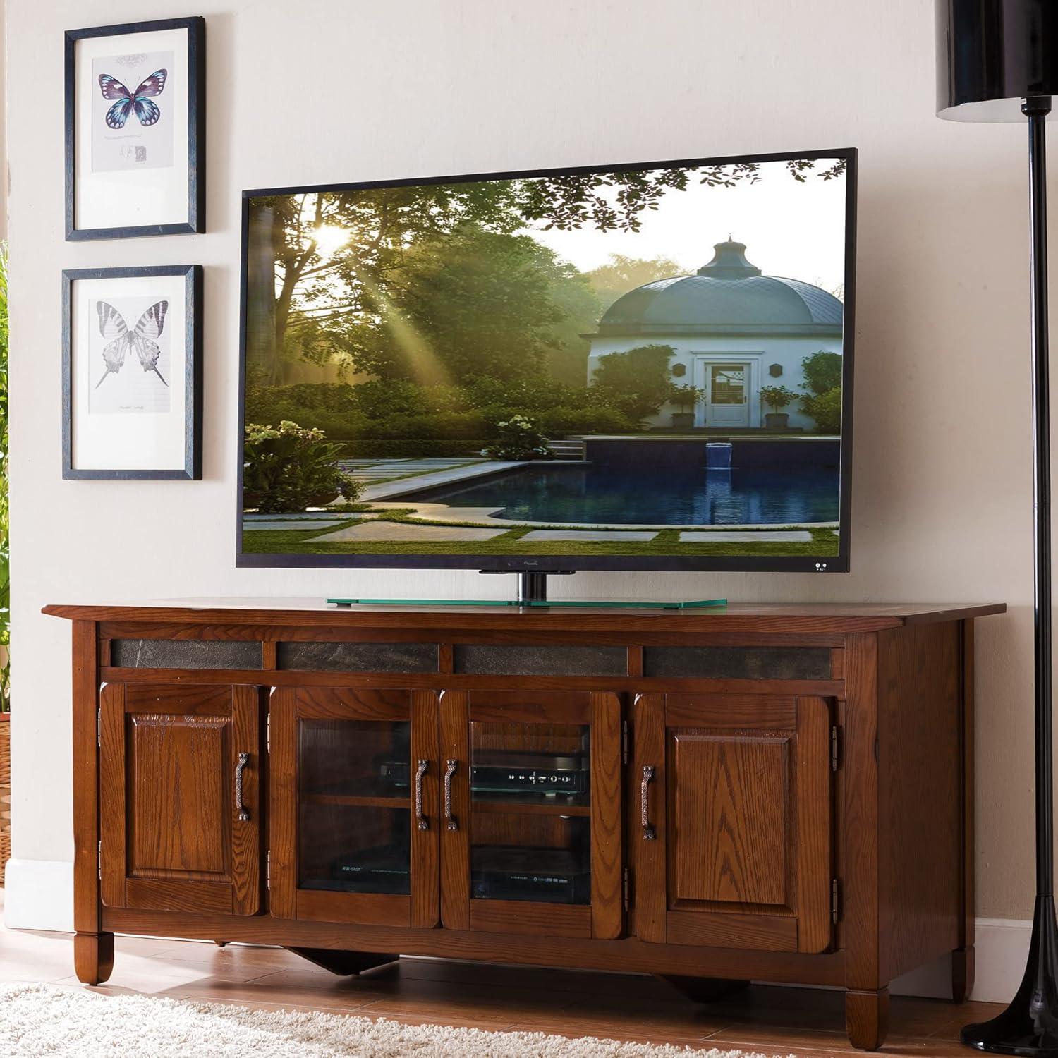 image:imageLeick Home 87350 Three Door TV Stand with Cabinet Storage for 55 TVs Westwood Brown CherryDistressed Rustic Autumn