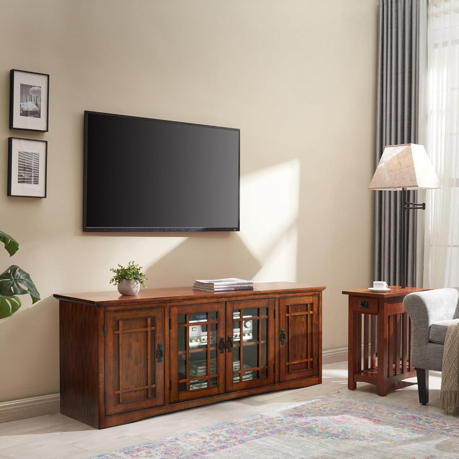 image:imageLeick Home 87350 Three Door TV Stand with Cabinet Storage for 55 TVs Westwood Brown CherryMission Oak Blackened