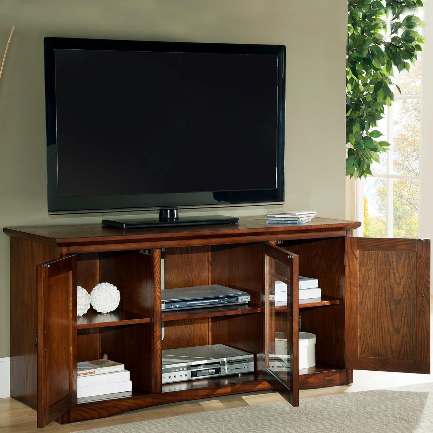 image:imageLeick Home 87350 Three Door TV Stand with Cabinet Storage for 55 TVs Westwood Brown CherryMission Oak Blackened