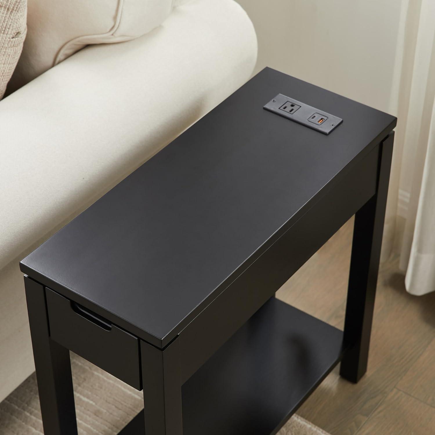 image:imageLeick Home 9080BLK Cade Wood Side Table with USBC Fast Charging Station ACUSB Charger and Drawer BlackBlack