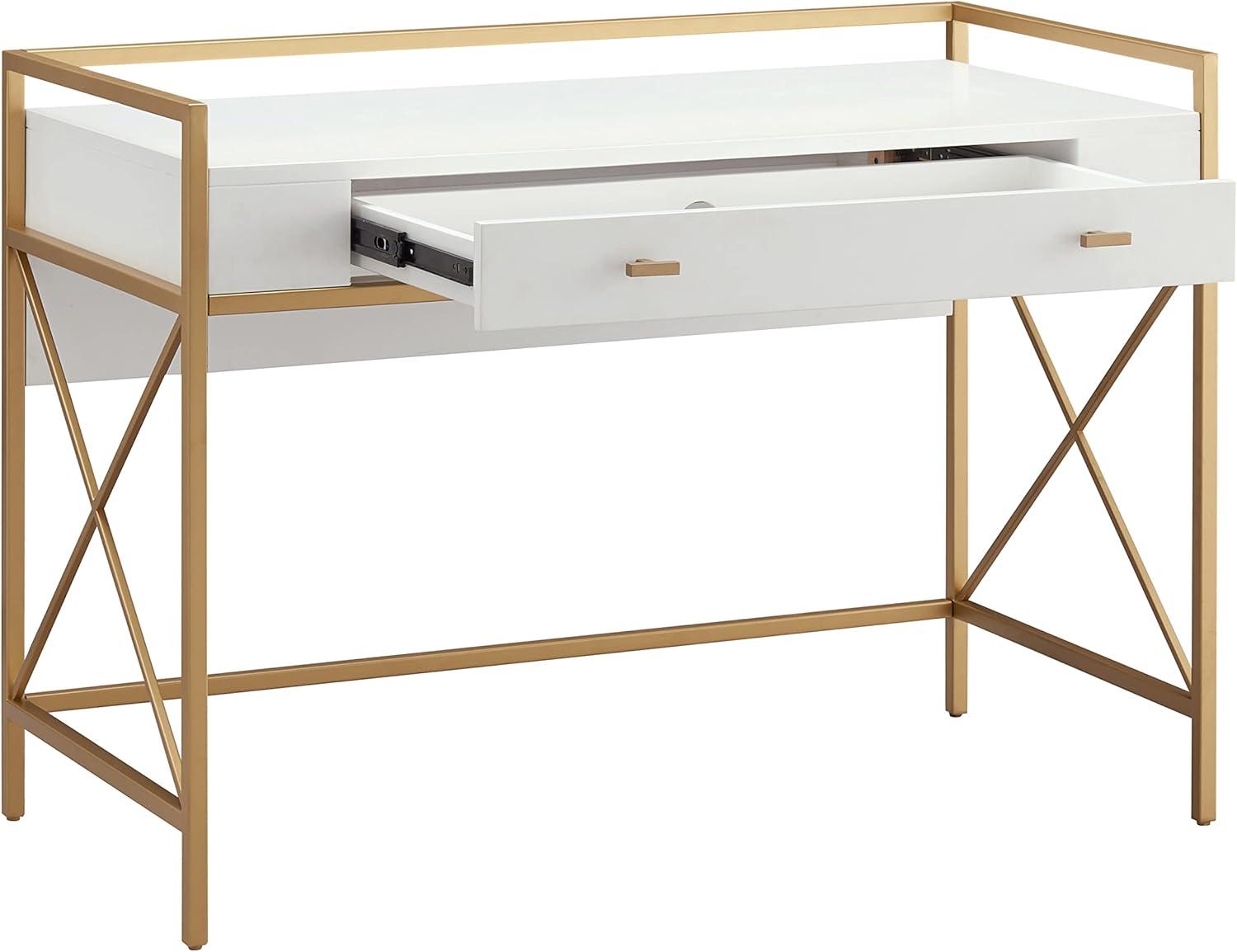 image:imageLeick Home 9240WTGL Claudette Mixed Metal and Wood Flat Wall Computer Office Writing Desk with Drop Front Keyboard Drawer WhiteSatin Gold