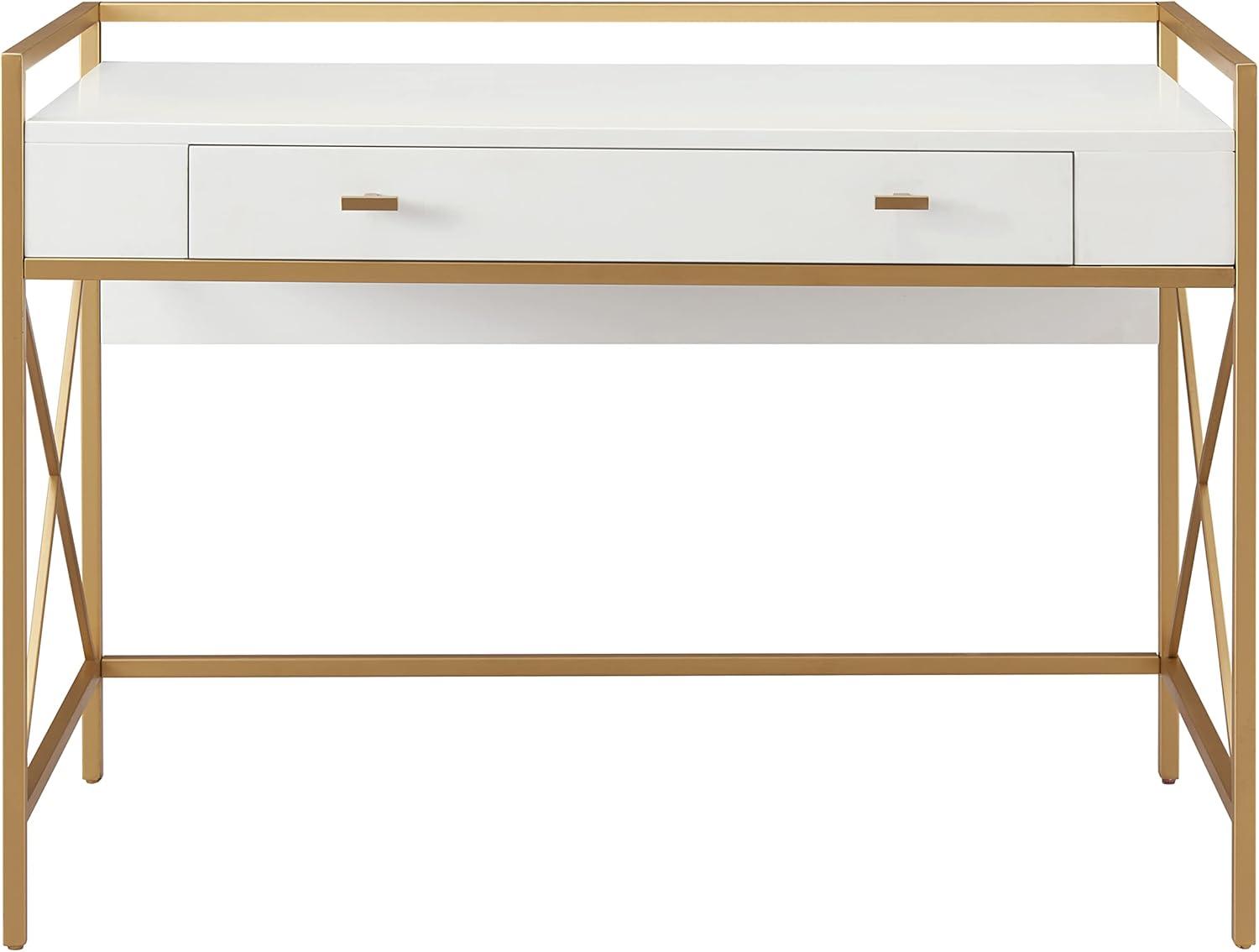 image:imageLeick Home 9240WTGL Claudette Mixed Metal and Wood Flat Wall Computer Office Writing Desk with Drop Front Keyboard Drawer WhiteSatin Gold