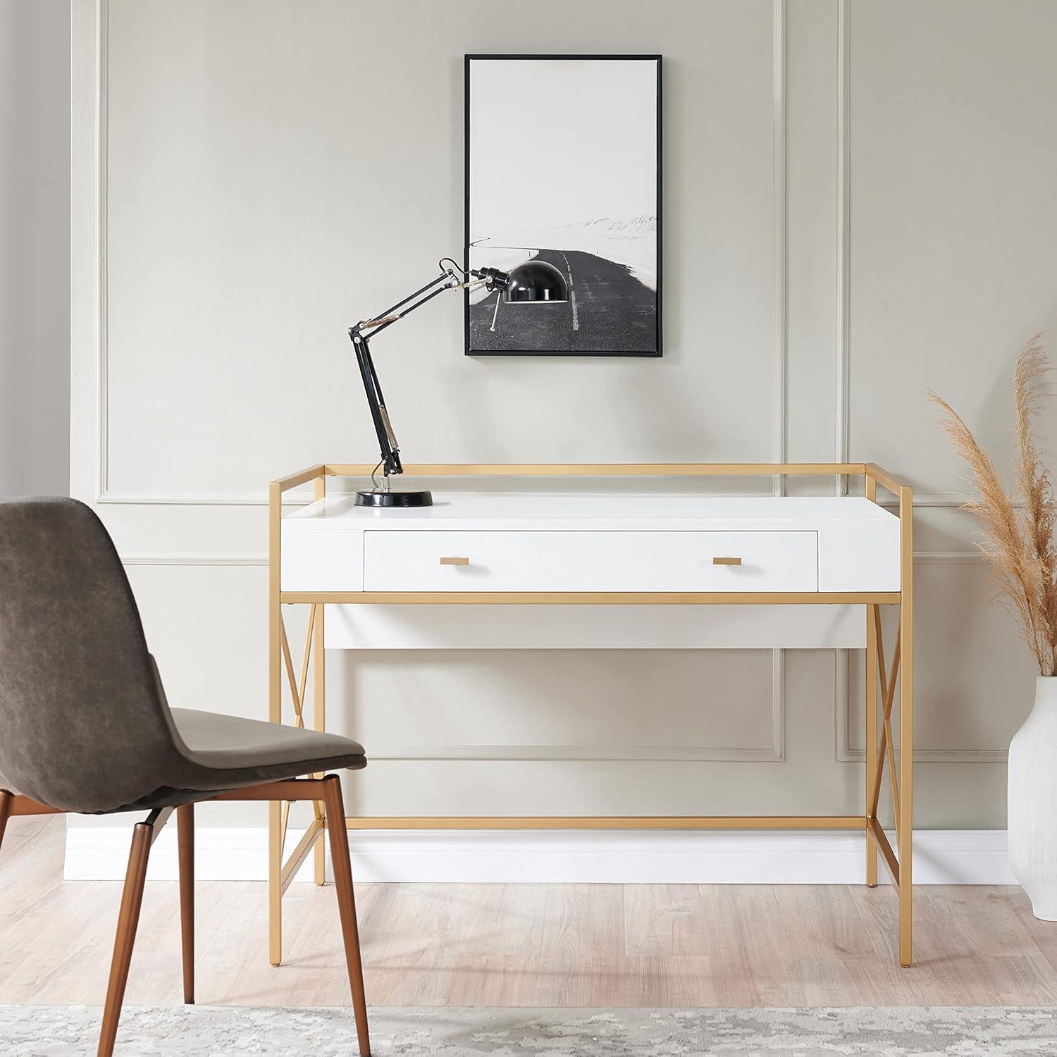 image:imageLeick Home 9240WTGL Claudette Mixed Metal and Wood Flat Wall Computer Office Writing Desk with Drop Front Keyboard Drawer WhiteSatin Gold