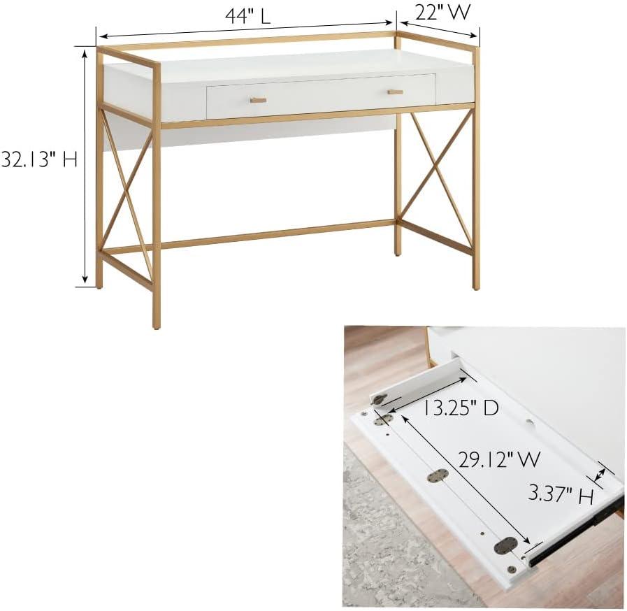 image:imageLeick Home 9240WTGL Claudette Mixed Metal and Wood Flat Wall Computer Office Writing Desk with Drop Front Keyboard Drawer WhiteSatin Gold