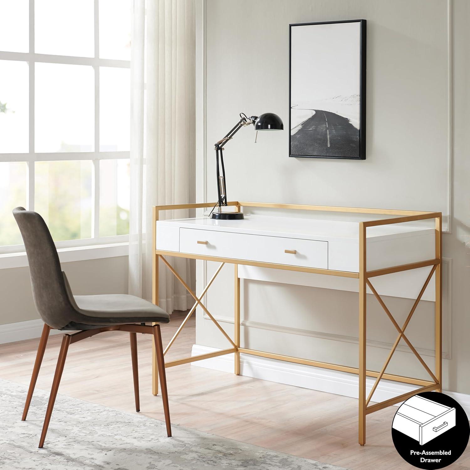 image:imageLeick Home 9240WTGL Claudette Mixed Metal and Wood Flat Wall Computer Office Writing Desk with Drop Front Keyboard Drawer WhiteSatin Gold