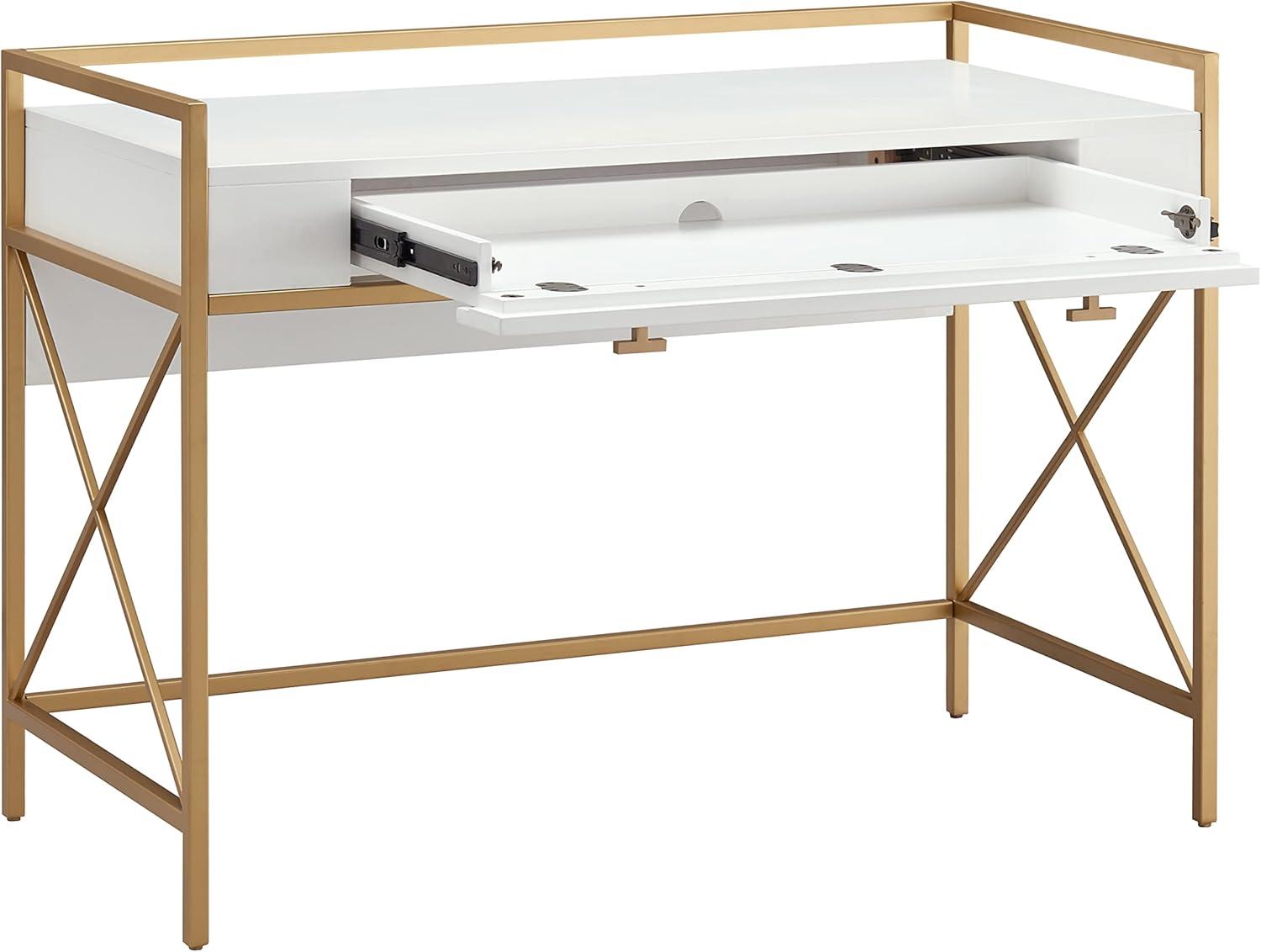 image:imageLeick Home 9240WTGL Claudette Mixed Metal and Wood Flat Wall Computer Office Writing Desk with Drop Front Keyboard Drawer WhiteSatin Gold