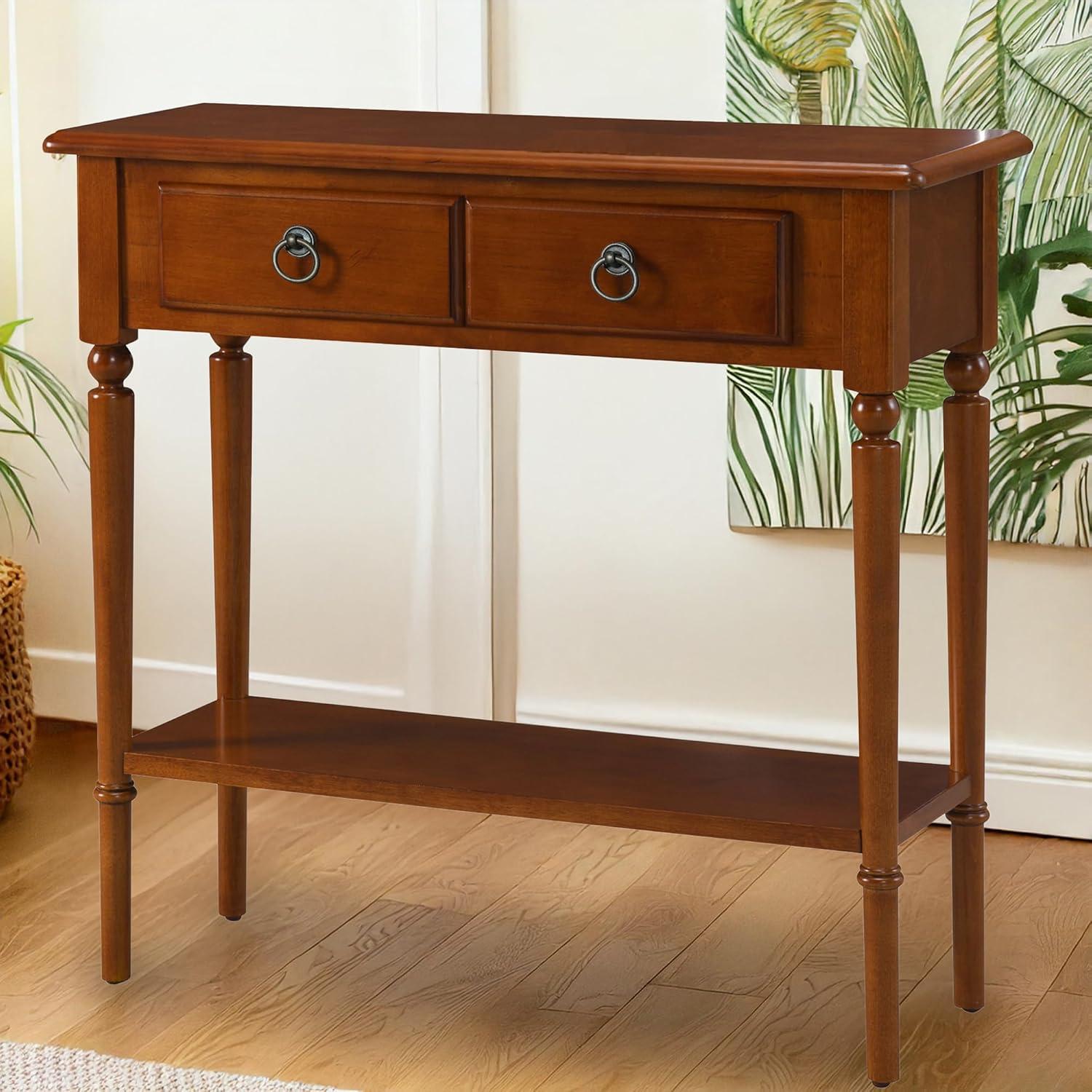 image:imageLeick Home Coastal Console Table Solid Wood 2 Storage Drawers Bottom Display Shelf Narrow Depth EasyAssembly For Living RoomHallway Orchid White 300 in W x 110 in D x 280 in H 2027WTPecan