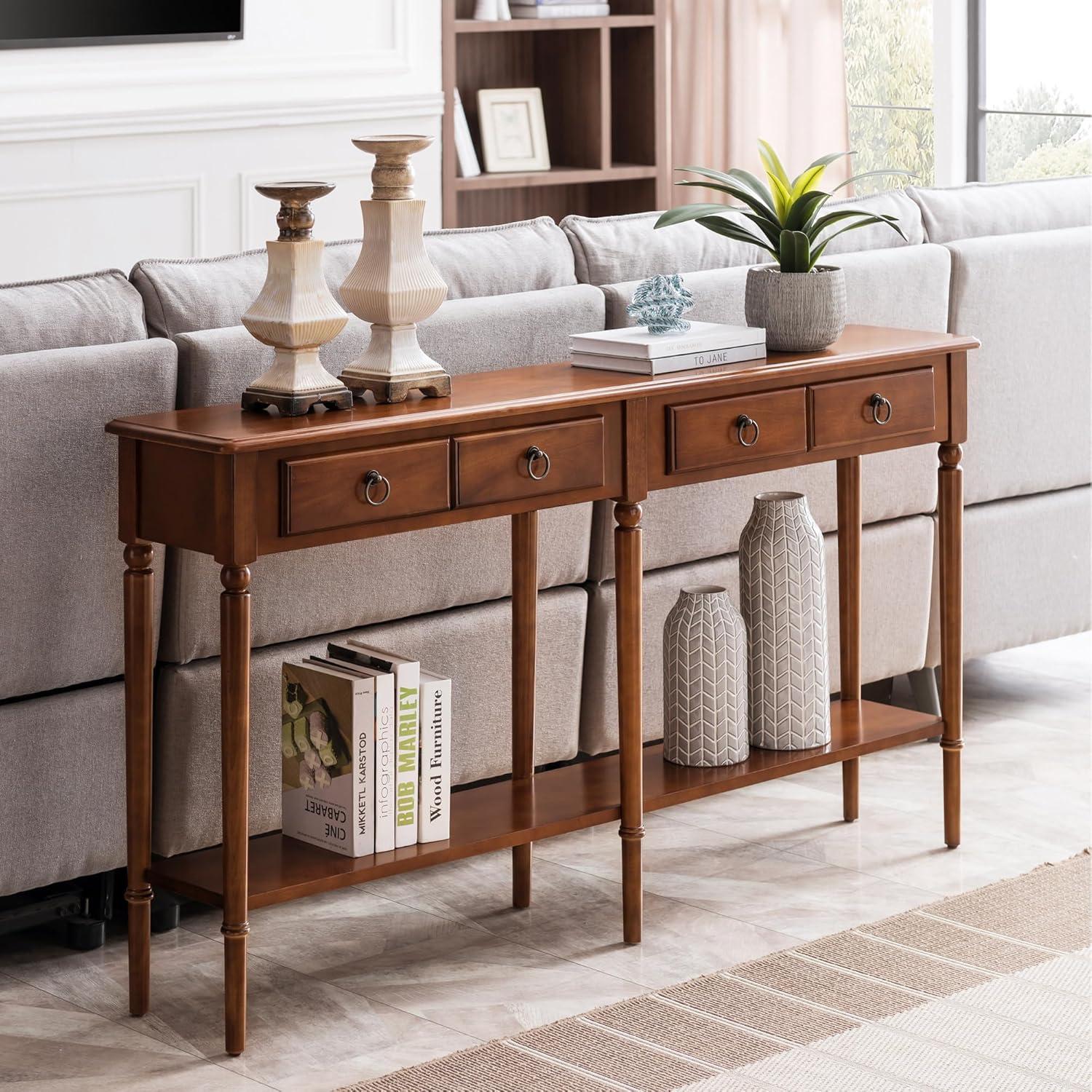 image:imageLeick Home Coastal Console Table Solid Wood 2 Storage Drawers Bottom Display Shelf Narrow Depth EasyAssembly For Living RoomHallway Orchid White 300 in W x 110 in D x 280 in H 2027WTPecan