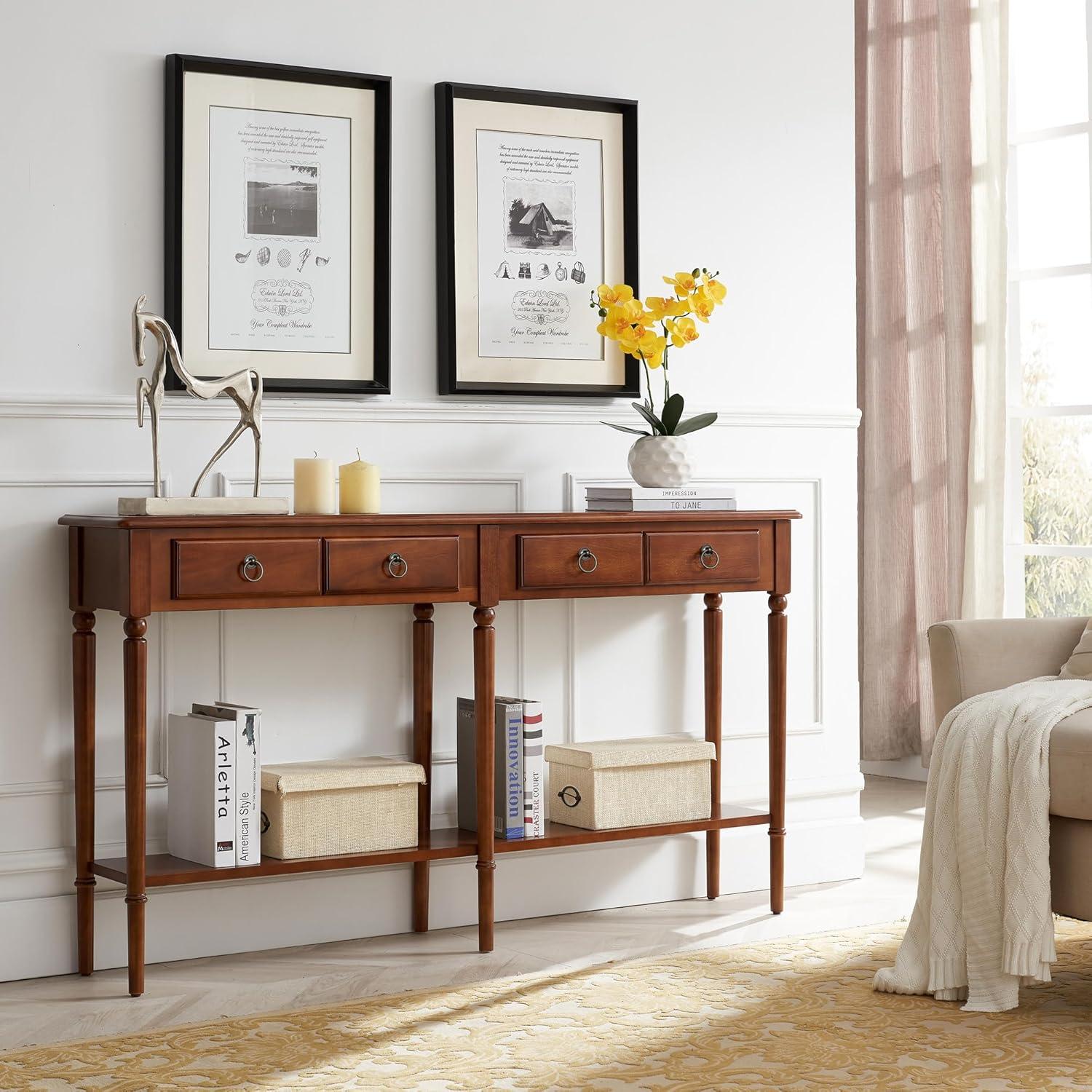 image:imageLeick Home Coastal Console Table Solid Wood 2 Storage Drawers Bottom Display Shelf Narrow Depth EasyAssembly For Living RoomHallway Orchid White 300 in W x 110 in D x 280 in H 2027WTPecan