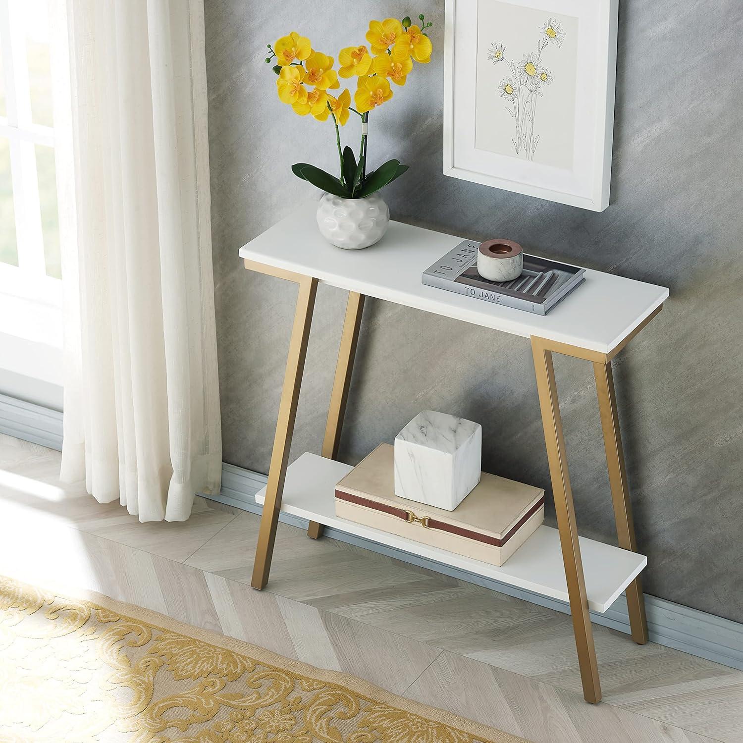 image:imageLeick Home Empiria Console Table Wood with Metal Frame 2 Shelves for Entryways Hallways and Living Rooms White and Gold 11431WTWhite