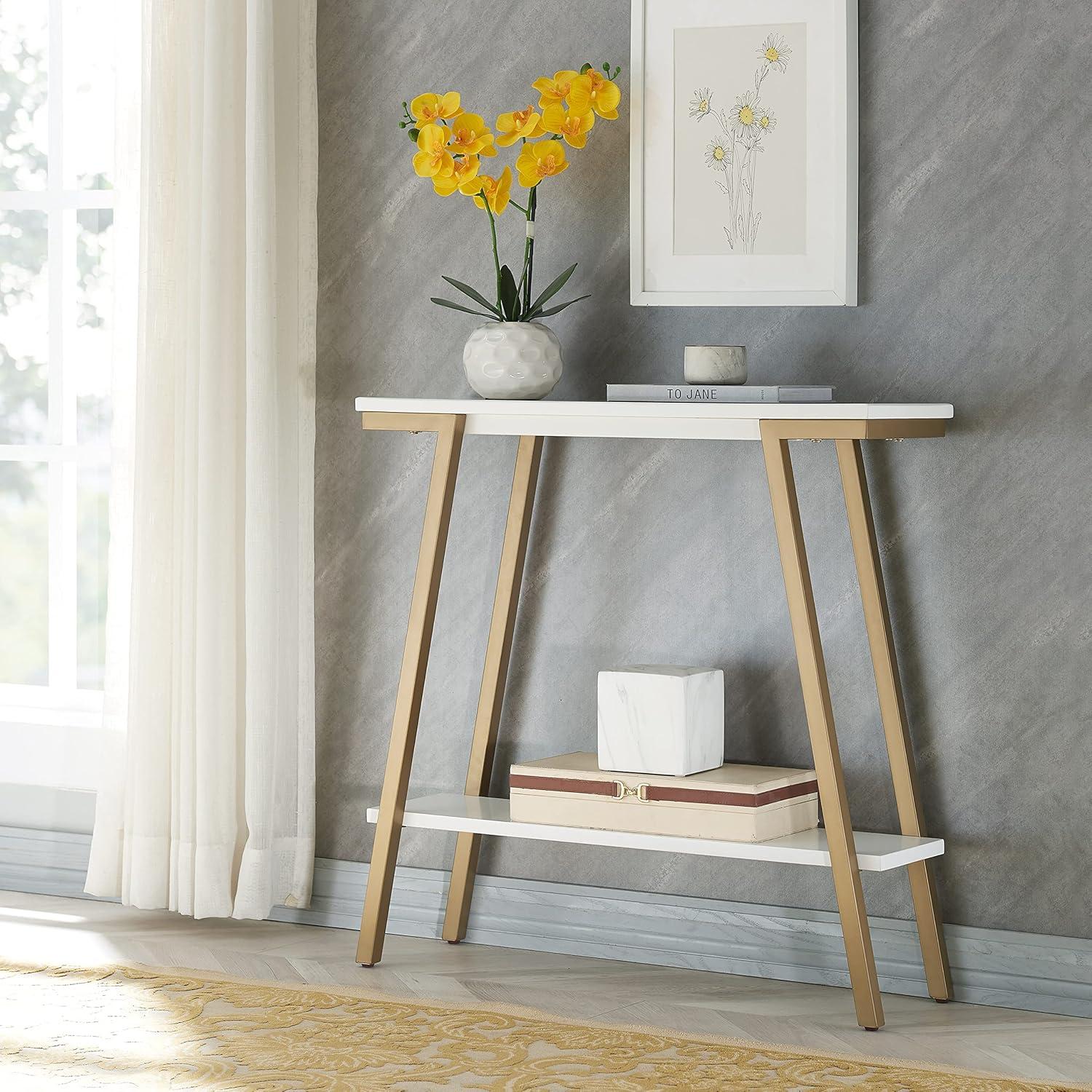 image:imageLeick Home Empiria Console Table Wood with Metal Frame 2 Shelves for Entryways Hallways and Living Rooms White and Gold 11431WTWhite