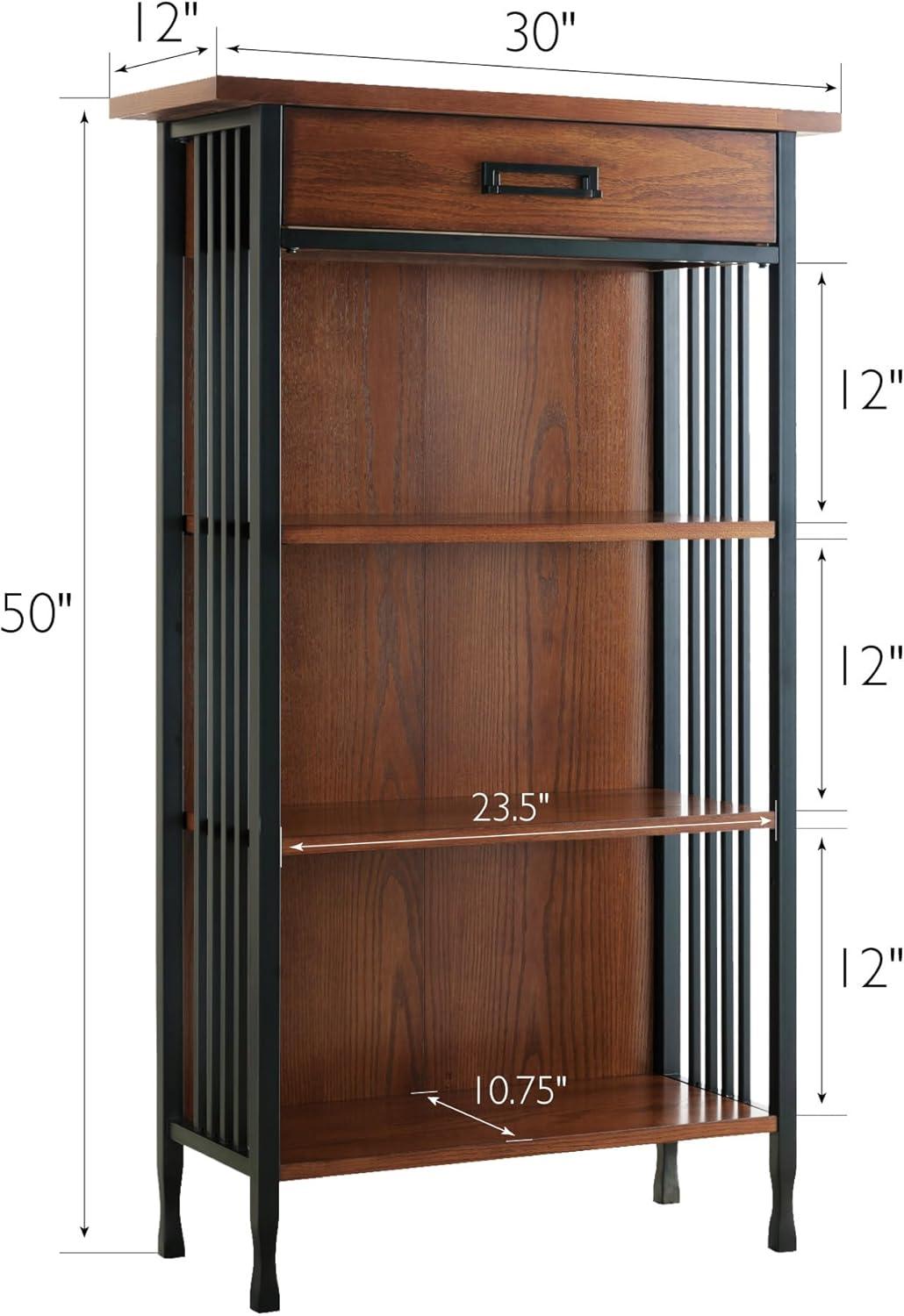 image:imageLeick Home Mission Impeccable Bookshelf Solid Wood 2 Drawers 2 Shelves Slatted Sides Blackened Hardware Easy Assembly Russet Brown 12 in D x 34 in W x 30 in H Item 8261Mission Oak Matte Black