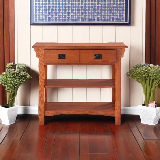 image:imageLeick Home Mission Impeccable Bookshelf Solid Wood 2 Drawers 2 Shelves Slatted Sides Blackened Hardware Easy Assembly Russet Brown 12 in D x 34 in W x 30 in H Item 8261Medium Oak Blackened