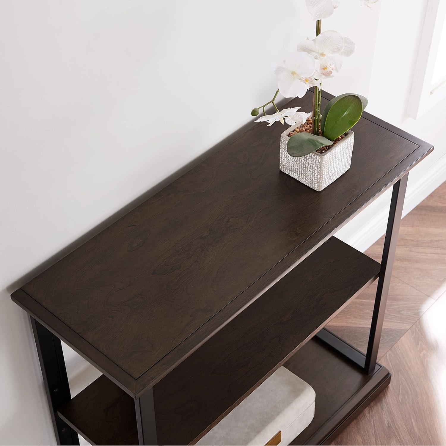 image:imageLeick Home Mission Impeccable Bookshelf Solid Wood 2 Drawers 2 Shelves Slatted Sides Blackened Hardware Easy Assembly Russet Brown 12 in D x 34 in W x 30 in H Item 8261Dark Earth Matte Black