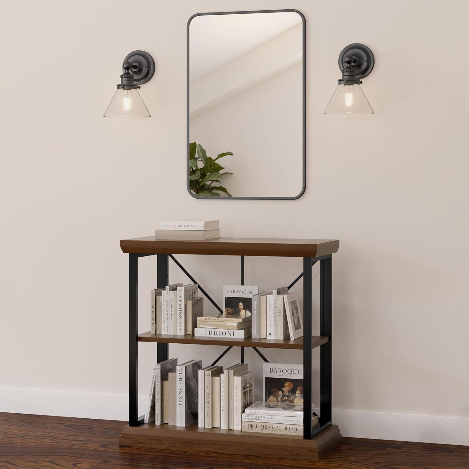 image:imageLeick Home Mission Impeccable Bookshelf Solid Wood 2 Drawers 2 Shelves Slatted Sides Blackened Hardware Easy Assembly Russet Brown 12 in D x 34 in W x 30 in H Item 8261Willow Gunmetal