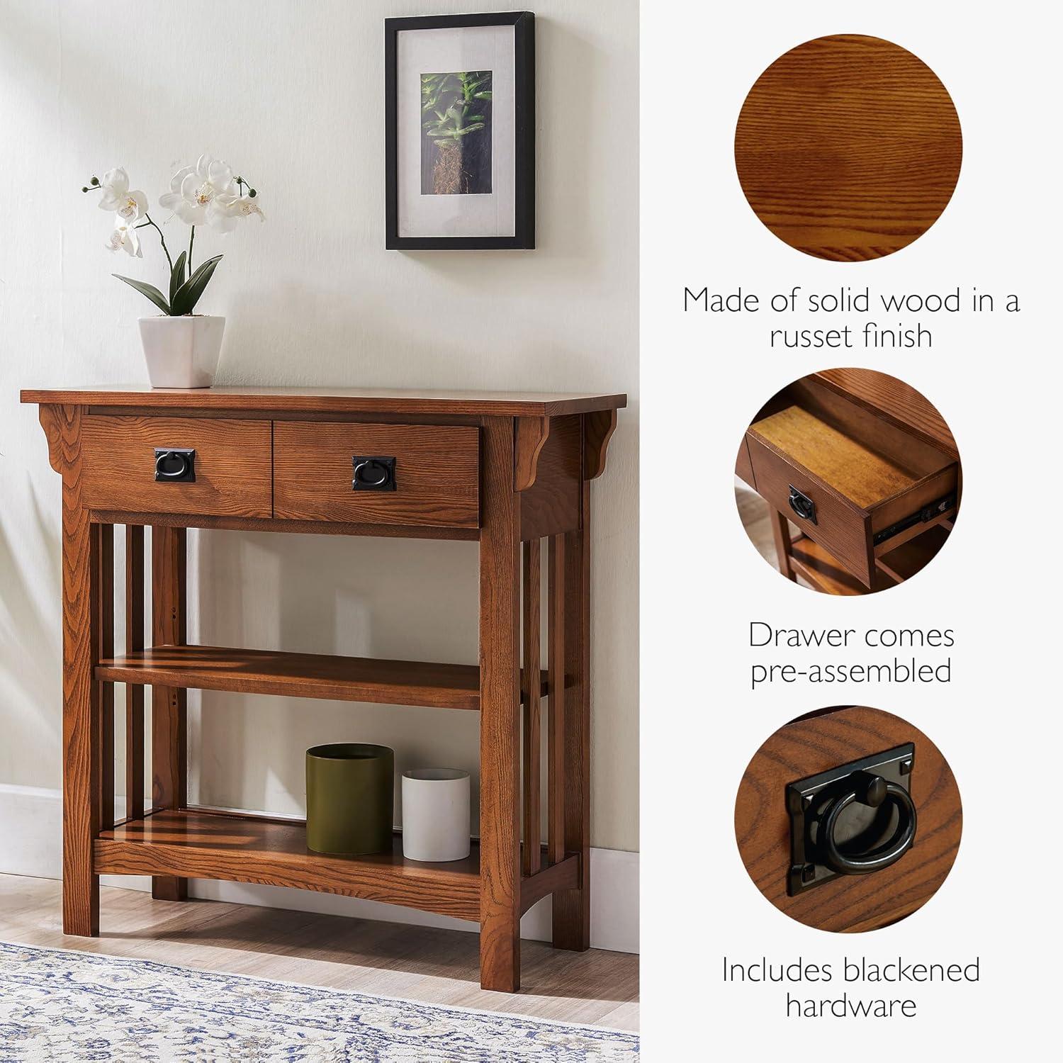 image:imageLeick Home Mission Impeccable Bookshelf Solid Wood 2 Drawers 2 Shelves Slatted Sides Blackened Hardware Easy Assembly Russet Brown 12 in D x 34 in W x 30 in H Item 8261Medium Oak Blackened